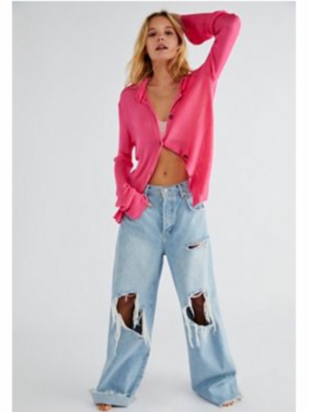 Free people h20 polo pink button down front cardigan collar top XS S M